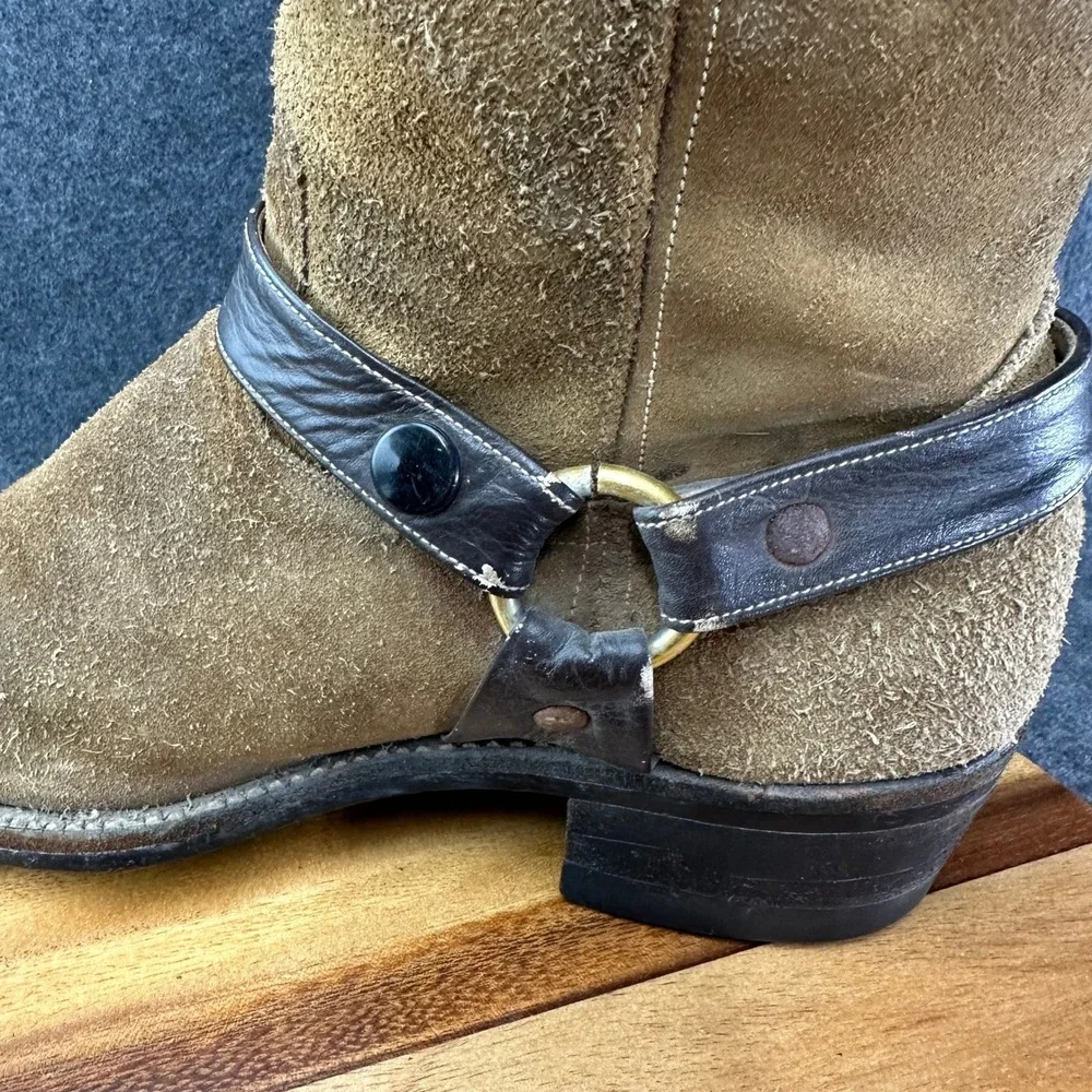 Vintage 1970s Mens Tan Suede Harness Boots Square Toe Brown Leather Straps 9.5 - Picture 10 of 12